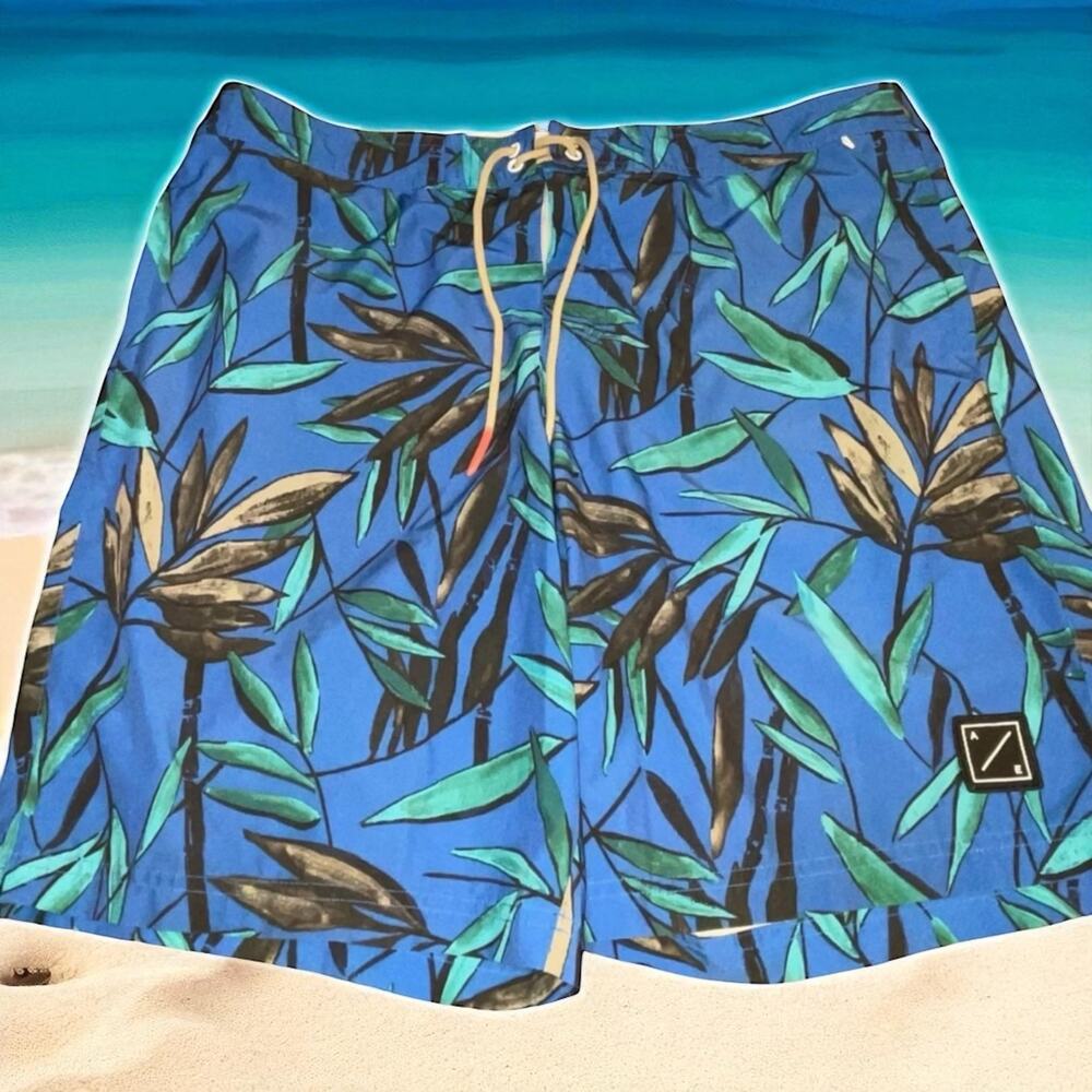 American Eagle Men's XL Tropical Board Shorts Blue Green Leaf Swim Trunks Summer
